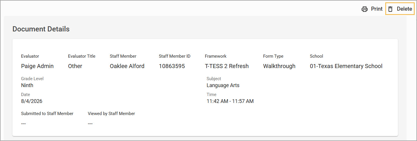 Document details for a walkthrough evaluation, including the Delete button.